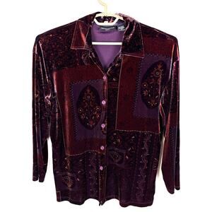 Vintage Paisley Velvet Button Shirt Jacket Small red purple witchy boho
